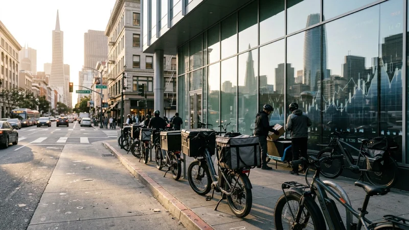 San Francisco Market Street financial and tech corridor with electric grocery delivery cargo bikes outside a glass office building