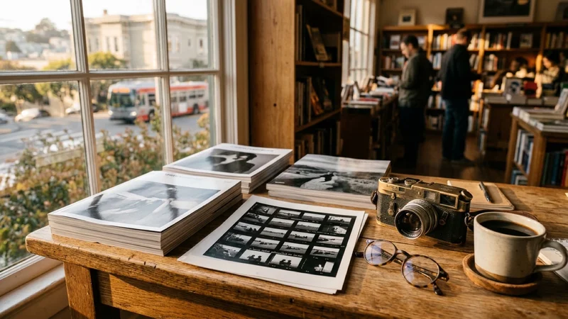 Sunlit bookstore table in San Francisco displaying large-format photography magazines, black-and-white contact sheets, and a vintage 35mm film camera