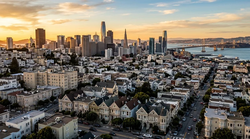 Panoramic San Francisco Bay Area skyline with Victorian rooftops and Silicon Valley glass campuses at golden hour