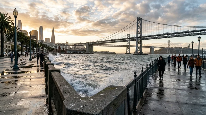High tide waves along the San Francisco Embarcadero waterfront seawall with the Bay Bridge in the background under autumn clouds
