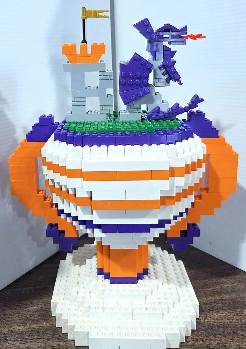 A custom LEGO trophy created by Mariann Asanuma for BrickRealm’s exhibitor competition, which awards a $2,500 grand prize for the best exhibit in the show.