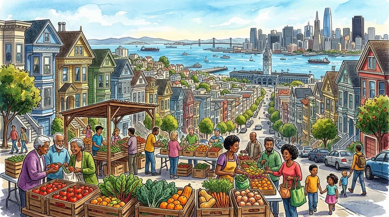 Neighborhood fresh produce crates and San Francisco waterfront skyline