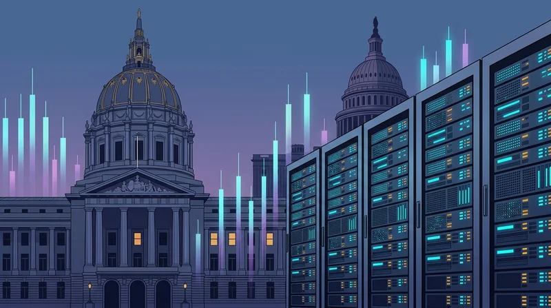 San Francisco civic dome at twilight alongside data center server racks and financial charts