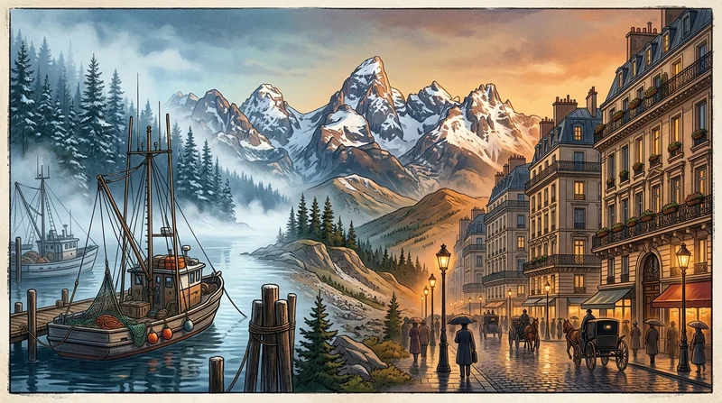 Southeast Alaska fishing harbor, western mountain peaks, and Parisian boulevard at dusk