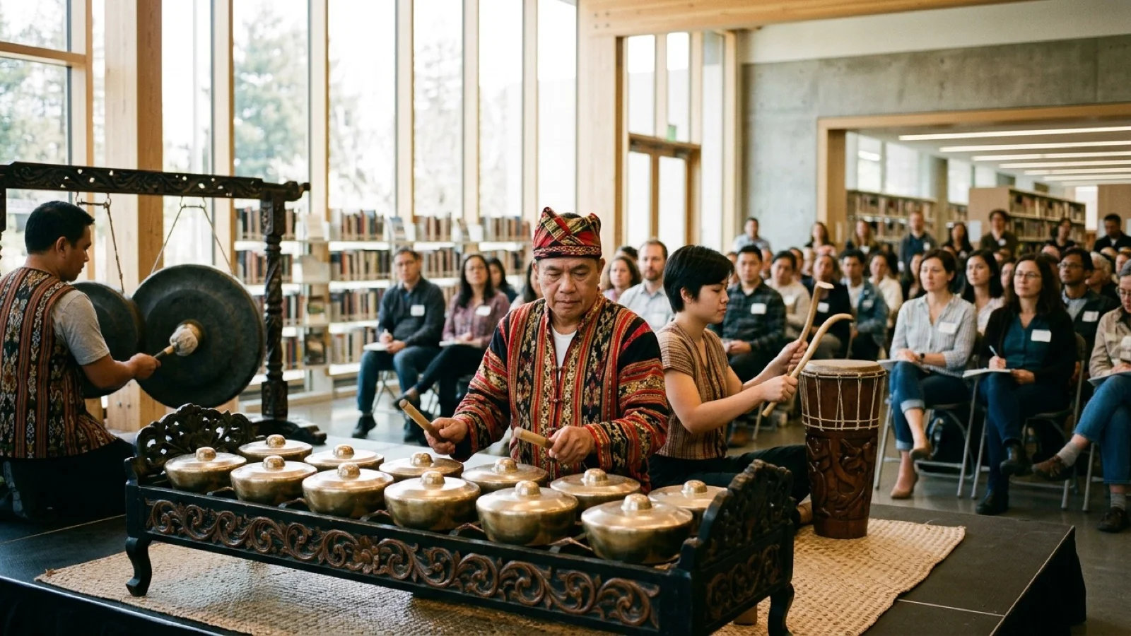 Traditional Filipino percussion ensemble performing live at Livermore Civic Center Library
