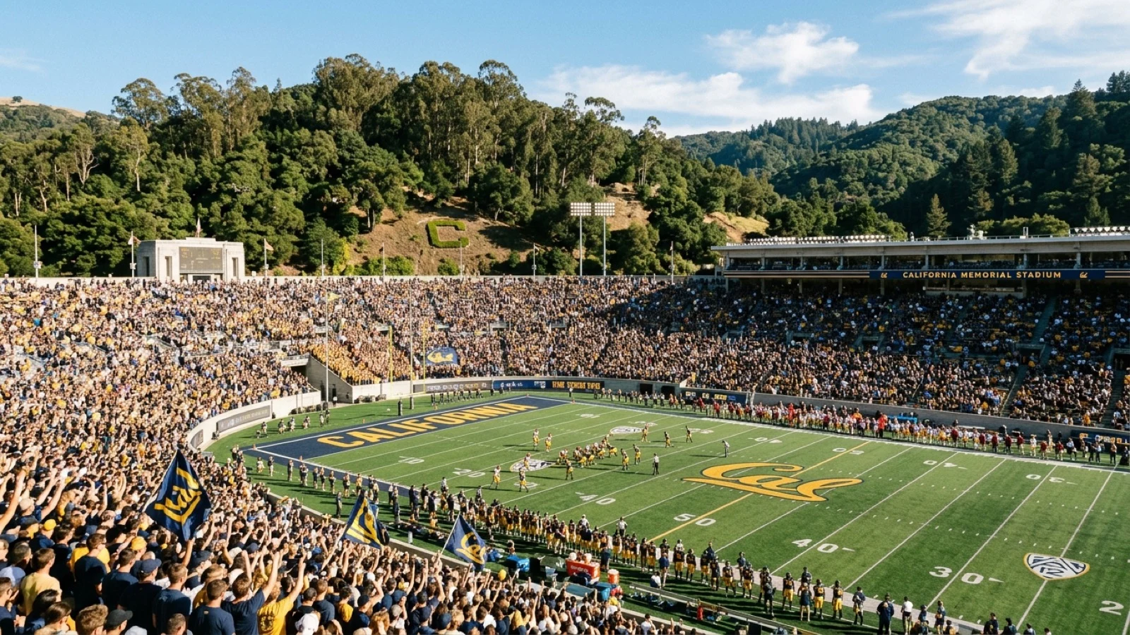 California Memorial Stadium filled with collegiate fans on a sunny autumn game day in Berkeley