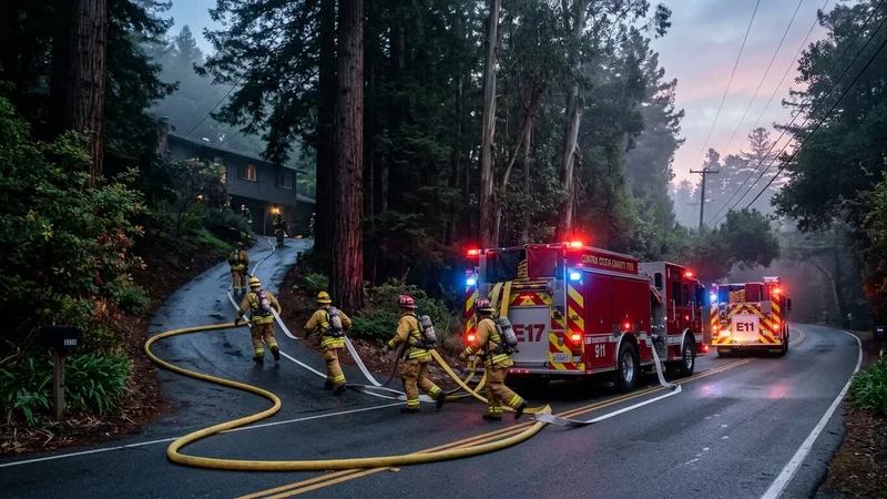 Lamorinda regional emergency crews and fire protection equipment clearing brush along Canyon Road transit corridor