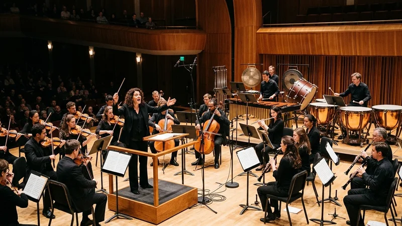 Contemporary chamber ensemble and conductor performing on a warmly lit concert hall stage in Berkeley, California