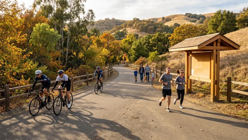Cyclists and pedestrians on the paved Lafayette-Moraga Regional Trail surrounded by golden autumn oak trees and a wooden trailhead kiosk