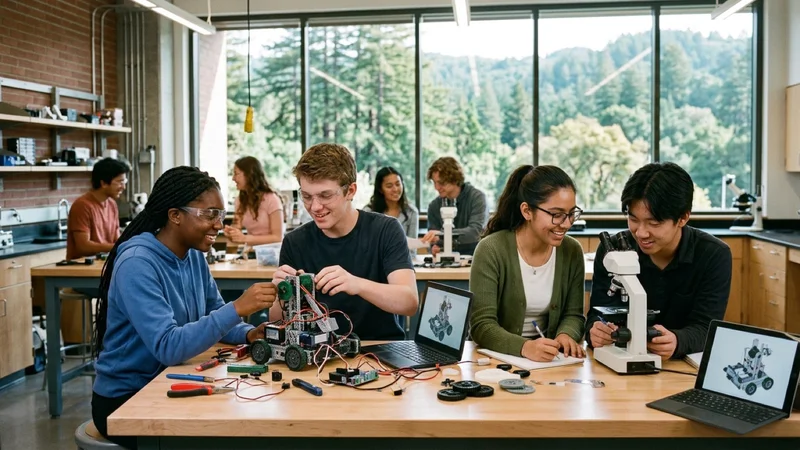 High school students working with robotics kits and microscopes in a bright modern science lab classroom in Lamorinda California