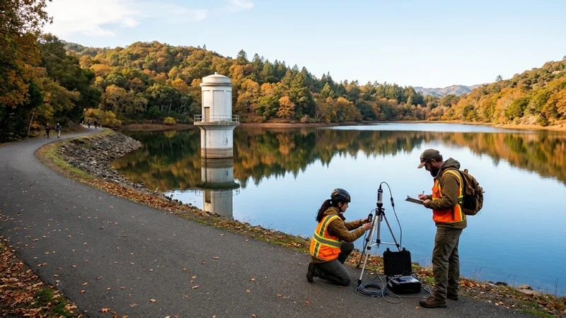 White outlet tower standing in the blue waters of Lafayette Reservoir surrounded by wooded hills in Lafayette California with engineers on the shoreline trail