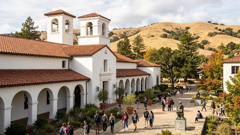 White Mission Revival architecture and red tile roofs of Saint Marys College Museum of Art in Moraga California with courtyard sculptures and autumn hills