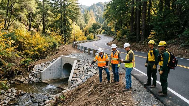 Municipal public works engineers and fire staff inspecting a concrete creek culvert and freshly striped road in Orinda California surrounded by oaks