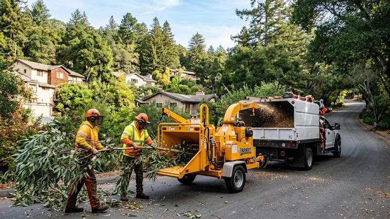Fire district forestry crew feeding cleared brush and tree branches into a yellow wood chipper along a wooded hillside road in Orinda