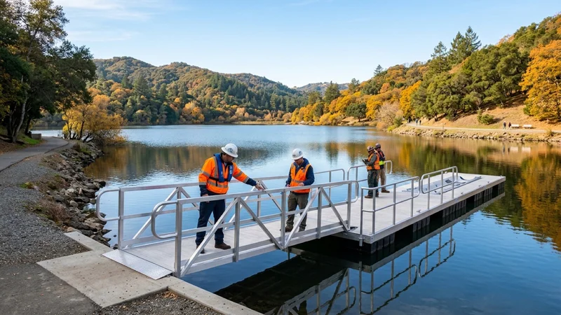 Rangers and marine technicians inspecting a newly installed aluminum accessible fishing and kayak launch dock at Lafayette Reservoir in Lafayette