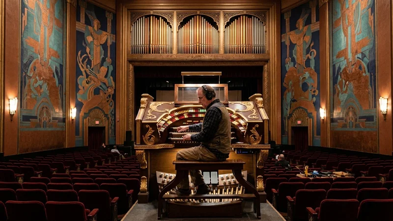 Theatre technician tuning the restored golden pipes and console of a vintage Art Deco Wurlitzer theatre organ inside the historic auditorium of the Orinda Theatre