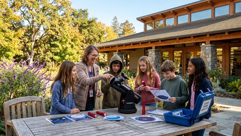 Youth librarian and middle school students examining a portable tabletop Dobsonian astronomical telescope in the courtyard of the Lafayette Library in Lafayette