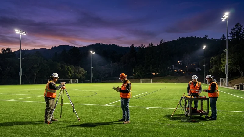 City of Orinda parks technicians testing newly aimed low-glare shielded LED athletic field lights over the soccer turf at Wilder Fields in Orinda