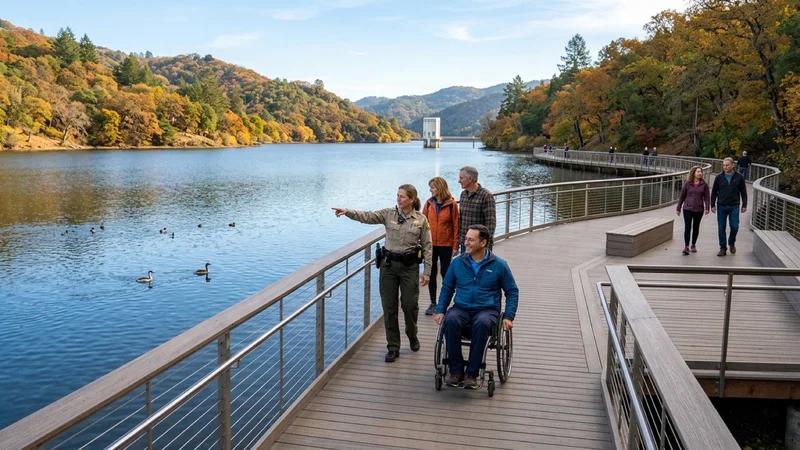 Walkers, a wheelchair user, and EBMUD rangers on a newly resurfaced composite lakeside boardwalk overlooking Lafayette Reservoir in Lafayette