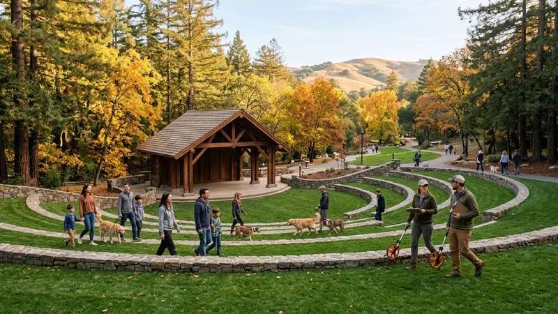 Families and landscape engineers walking across newly sodded green lawn terraces and low stone seating walls in front of the bandshell at Moraga Commons Park
