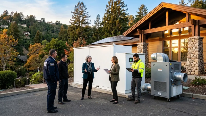 Emergency managers and librarians inspecting a white battery energy storage cabinet and commercial HEPA air-filtration unit outside the Orinda Library in Orinda