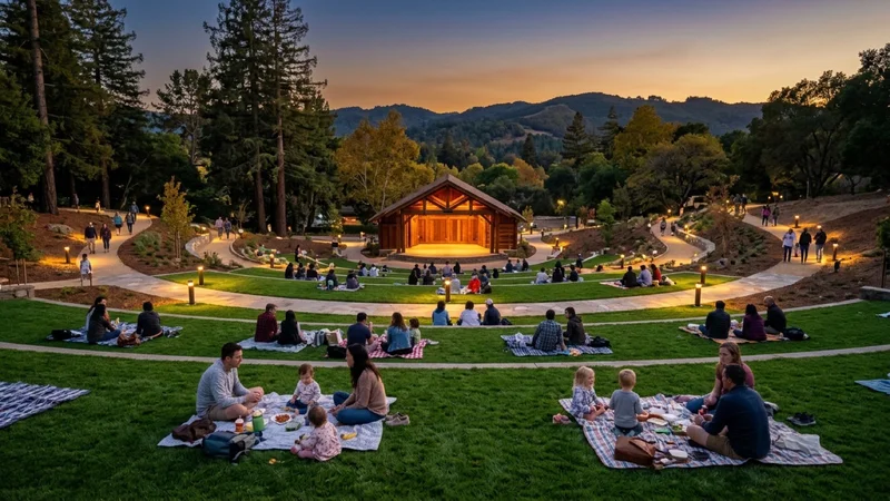 Families sitting on a newly sodded green amphitheater lawn bordered by accessible stone walkways and warm-amber LED bollards in front of the wooden bandshell at Moraga Commons Park in Moraga at dusk