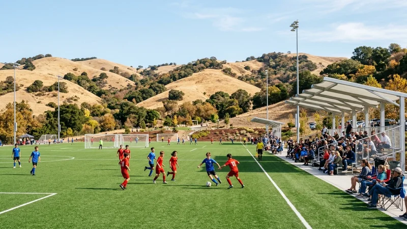 Youth soccer teams playing on an emerald-green synthetic turf field while parents watch from beneath cantilevered white steel bleacher shade canopies at Wilder Fields in Orinda