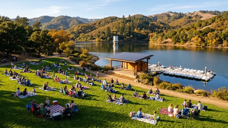 Families relaxing on a green lakeside meadow in front of a cedar-and-steel solar acoustic stage deck and electric pedal-boat dock overlooking the Lafayette Reservoir in Lafayette