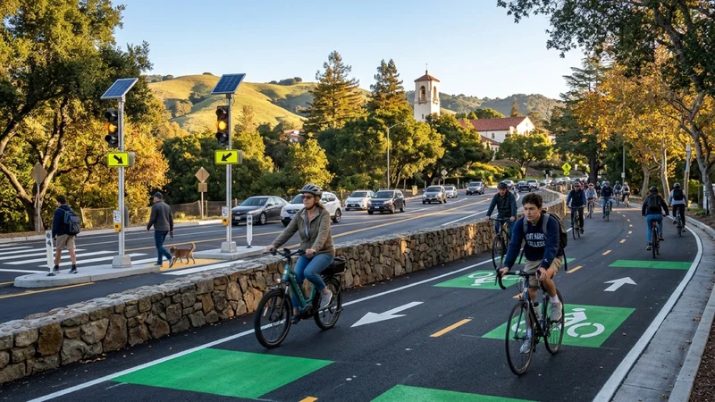 Cyclists and college students riding along a newly paved green-and-asphalt two-way protected bicycle track bordered by a stone wall and flashing solar crosswalk beacons on Saint Marys Road in Moraga