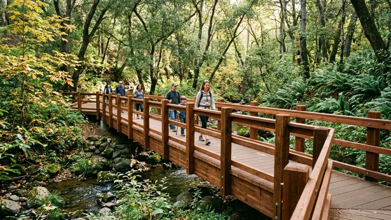 Hikers walking across a raised heart-redwood boardwalk bridge spanning a wooded creek lined with lush green sword ferns and golden autumn buckeye trees at Orinda Oaks Park in Orinda