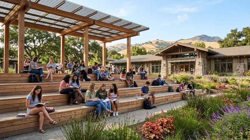 Families and students reading books and working on laptops on tiered cedar amphitheater benches under a solar timber pergola surrounded by native rain-garden plants at the Lafayette Library in Lafayette
