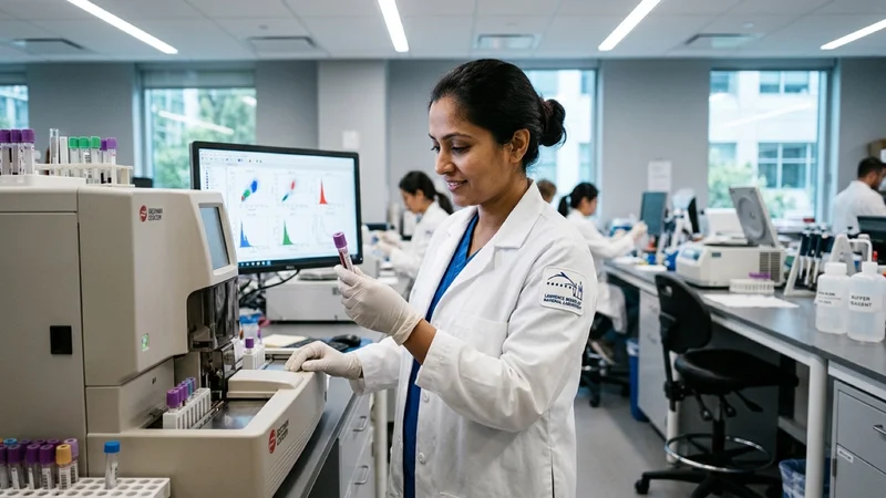 Biomedical researcher holding a blood sample vial beside an automated hematology analyzer and computer monitor in a laboratory