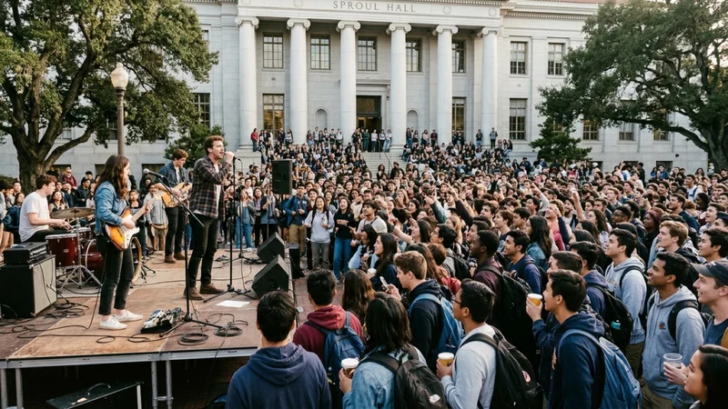 University students gathered around an outdoor concert stage in front of the columns of Sproul Hall at UC Berkeley in afternoon sunlight