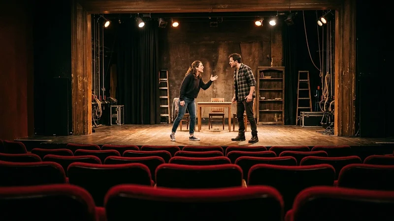 Stage actors rehearsing under warm theatrical spotlights inside an intimate repertory theater in Berkeley