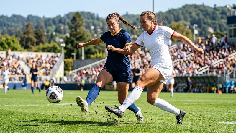 Collegiate women’s soccer players competing on a natural grass pitch in Berkeley
