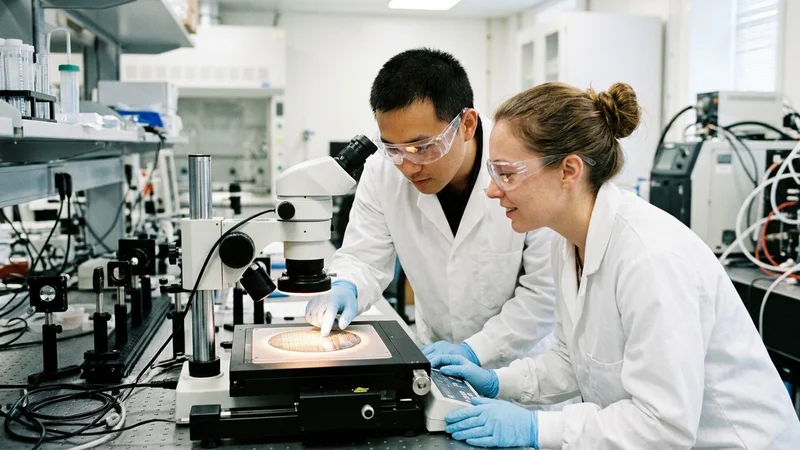 University natural-science researchers in white lab coats collaborating over optical equipment in a modern laboratory