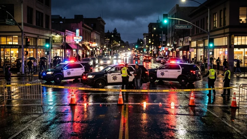 Berkeley Police patrol vehicles with emergency lights at the intersection of University Avenue and San Pablo Avenue at night after a collision investigation