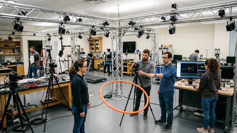 Mechanical engineering dynamics laboratory at UC Berkeley with a motion-capture biomechanical rig and high-speed cameras tracking a spinning hoop