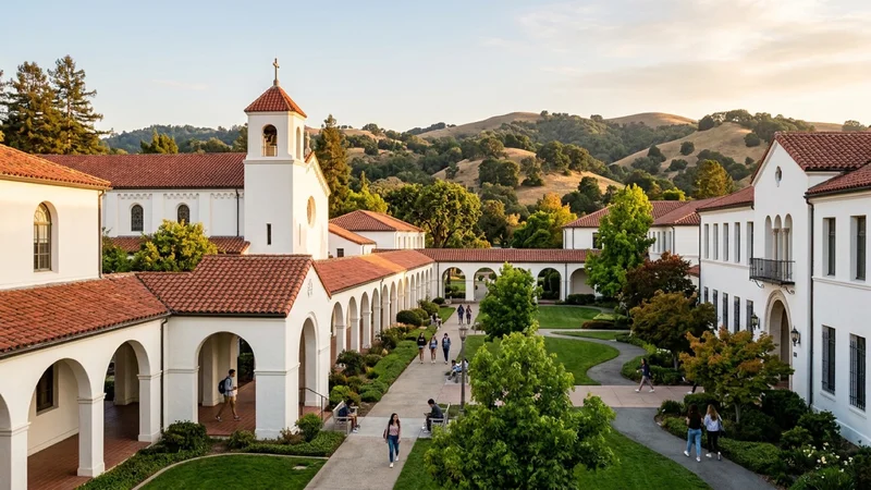 Spanish Mission-style arcades and red tile roofs at Saint Mary’s College of California in Moraga against rolling Lamorinda hills