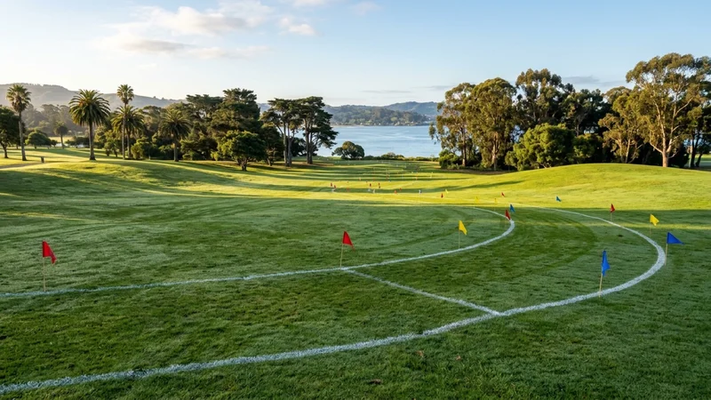 Wide grassy cross-country running course along a sunny California coastal bay park in crisp morning light