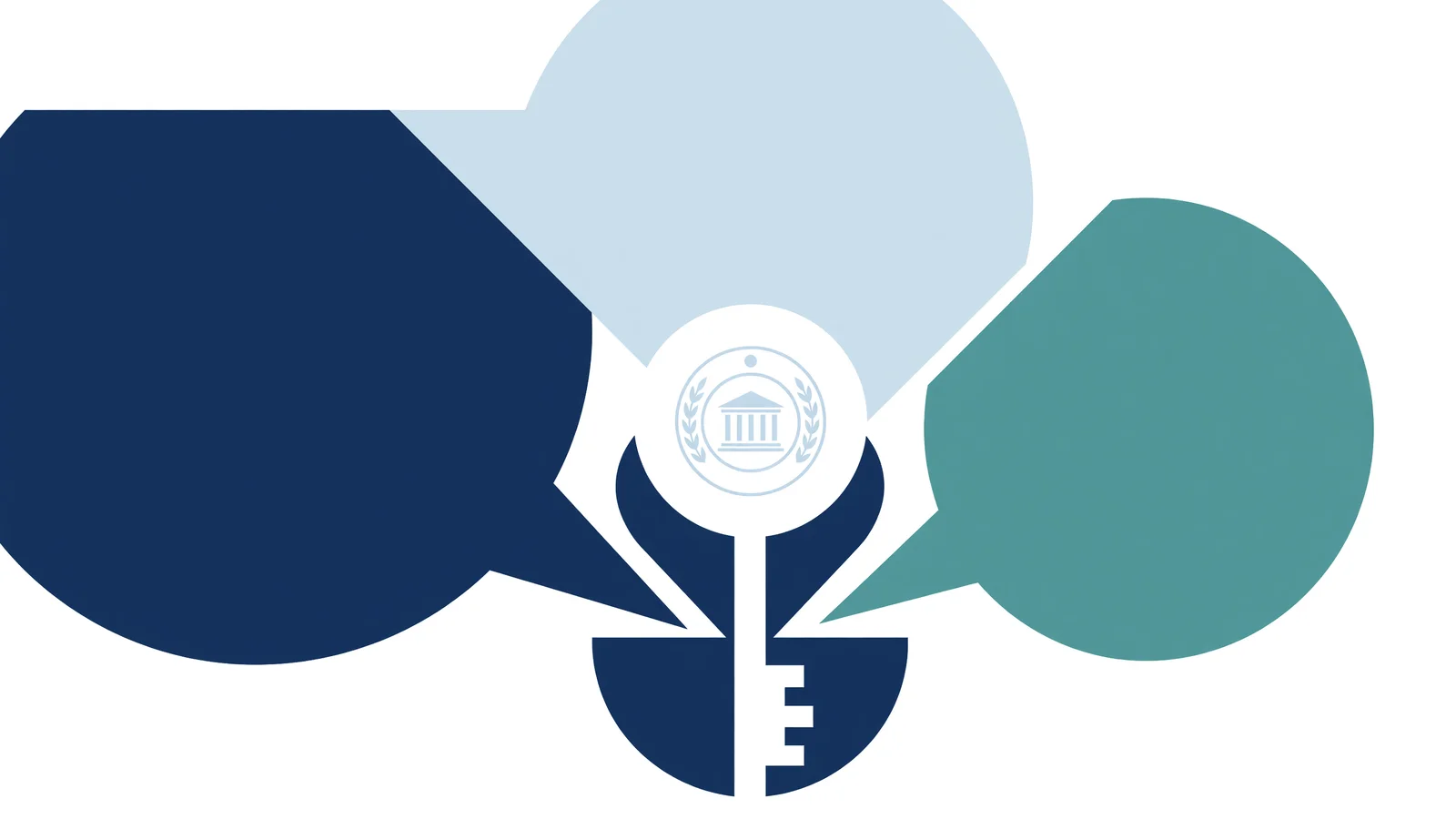 Geometric illustration showing three overlapping speech-bubble shapes in dark navy, light blue and teal converging on a central vertical key shape formed by negative space, with a small circular civic seal emblem above the key on a plain white field.