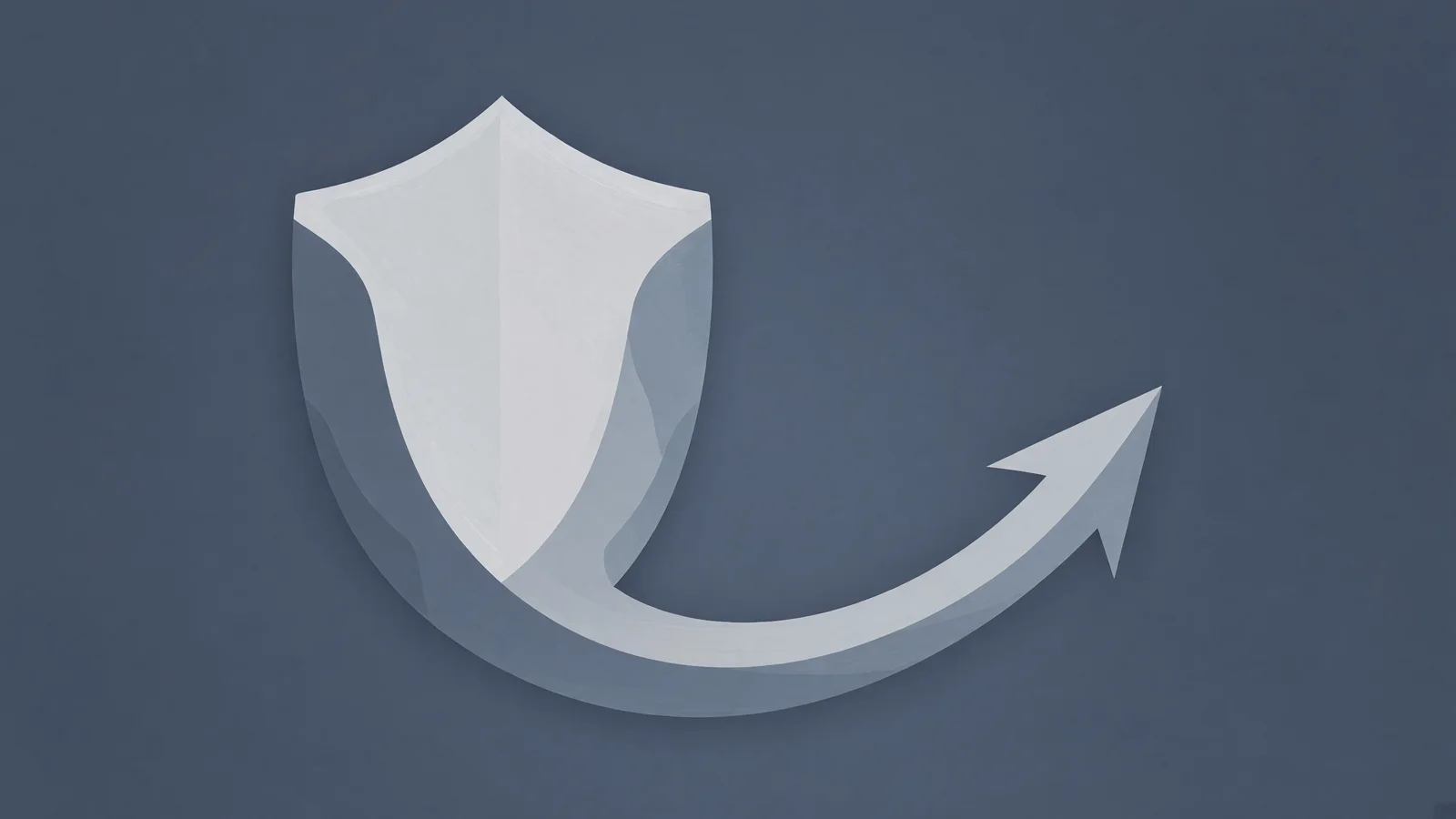 A white shield shape with curved lower edge flowing into a light gray arrow pointing right, centered on a solid dark blue-gray background.