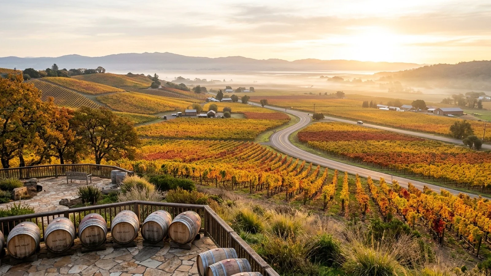 Golden autumn grapevines and wine barrels in a Napa Valley vineyard with a North Bay highway in the distance at sunrise
