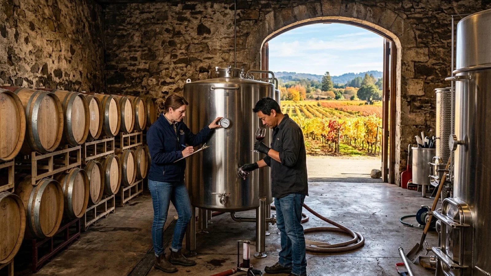Winemakers in a stone Napa Valley cellar inspecting stainless-steel fermentation tanks and oak barrels with autumn vineyards outside arched doors