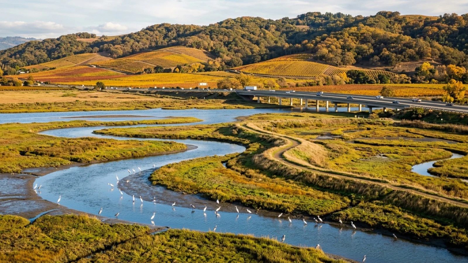 Wide view of restored Napa River tidal marshlands and levees in Napa County California with highway bridge and golden autumn vineyards