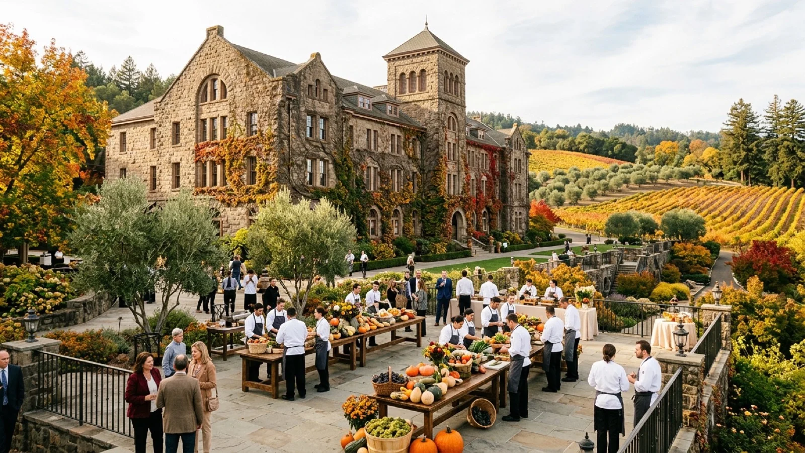 Historic stone building of the Culinary Institute of America at Greystone in St. Helena Napa Valley framed by golden autumn vineyards and chefs on a terrace