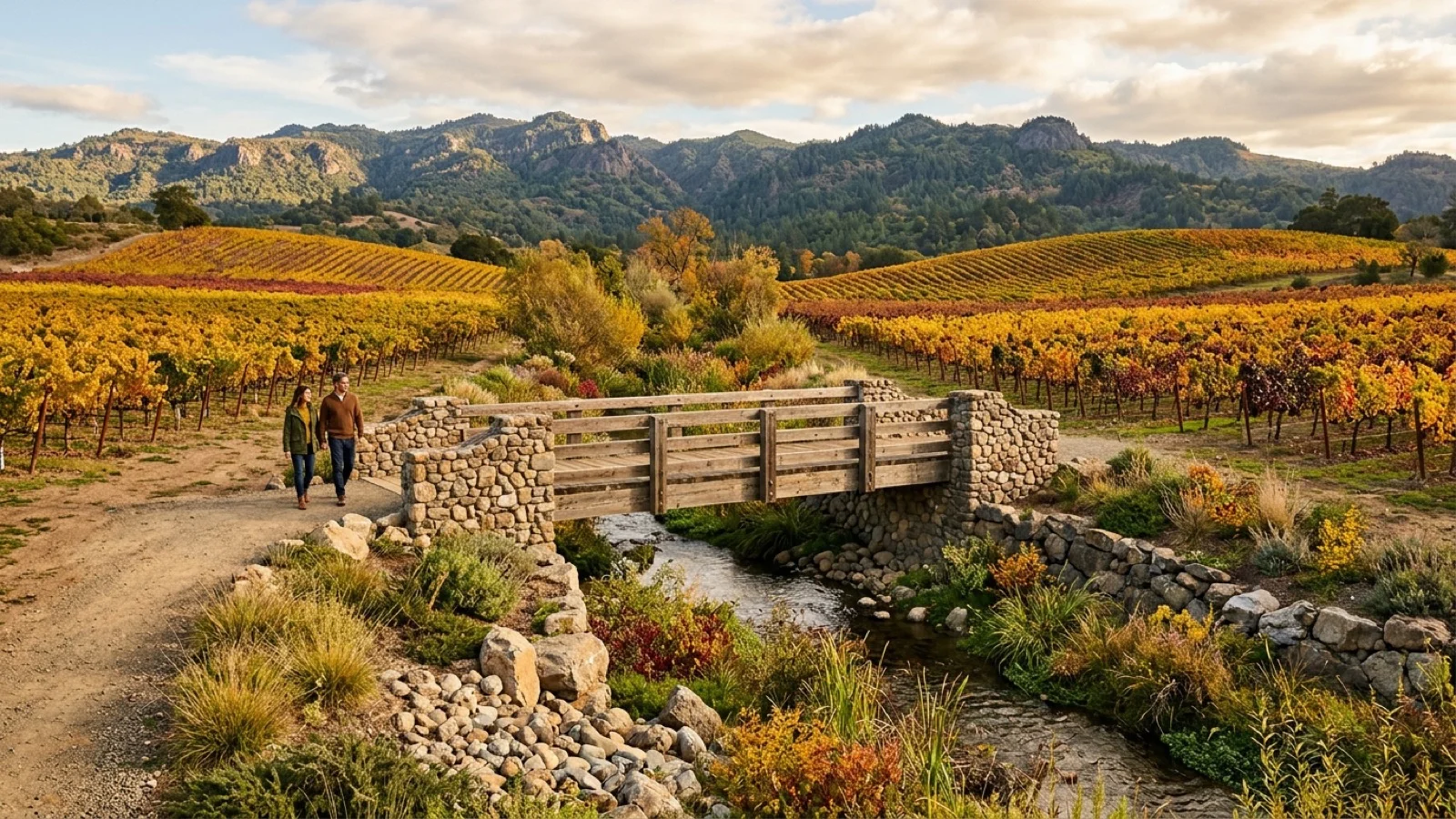 Stone and timber pedestrian bridge over Hopper Creek in Yountville Napa Valley surrounded by golden autumn vineyards and Mayacamas hills