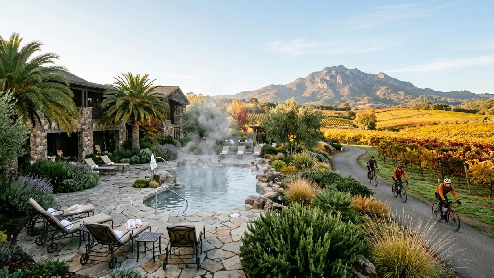 Steaming outdoor geothermal mineral spring pool at a resort in Calistoga Napa Valley with cyclists on the Vine Trail and Mount Saint Helena behind them