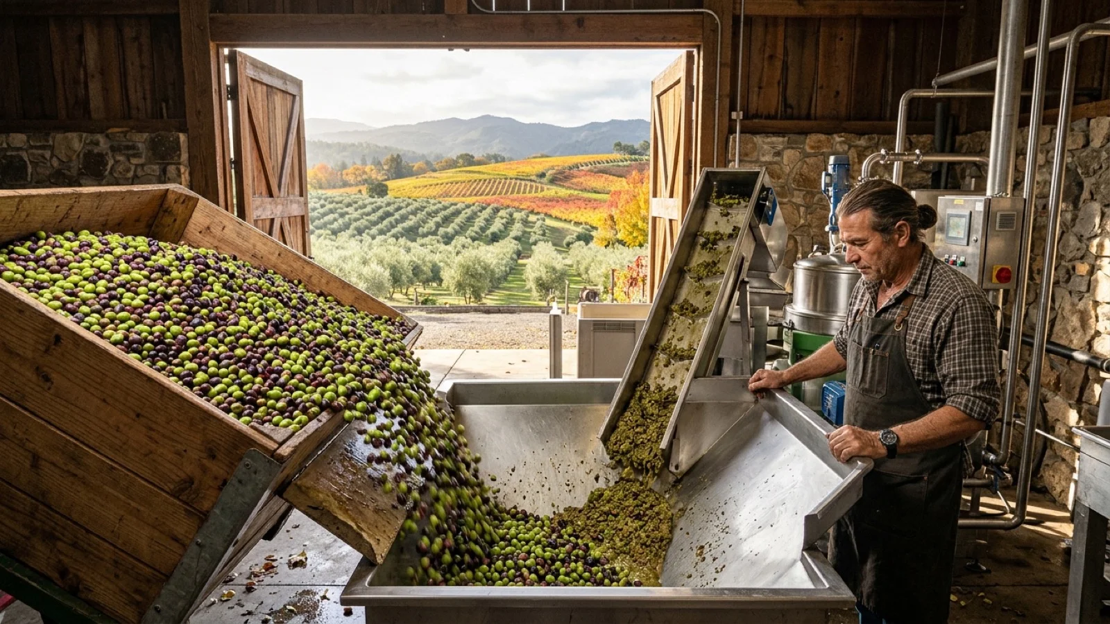 Freshly harvested green and purple Napa Valley olives pouring into a stainless-steel artisanal olive oil mill press in St. Helena