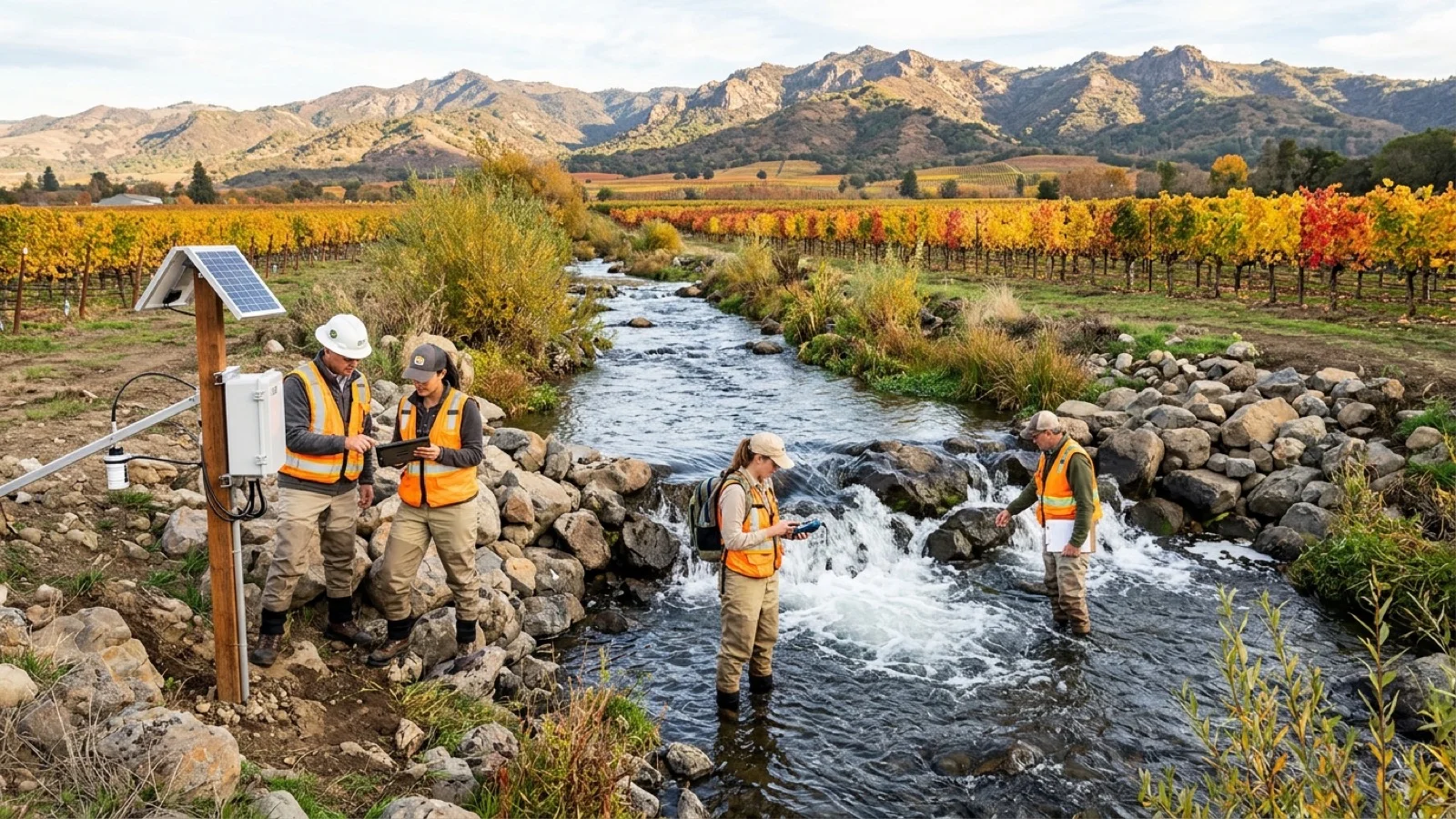 Watershed biologists and Town of Yountville public works staff inspecting a naturalized boulder fish-passage riffle and streamflow gauge along Hopper Creek